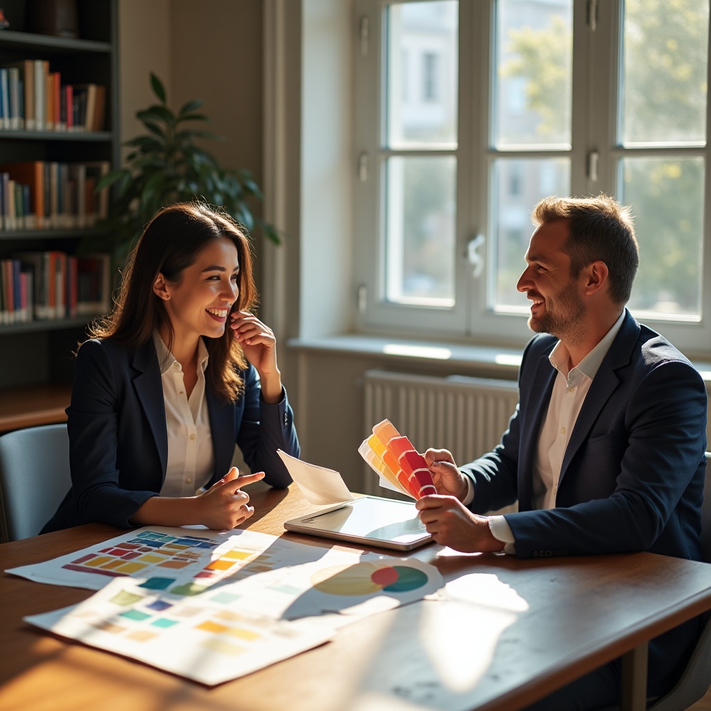 Color consultation with paint samples and color wheel