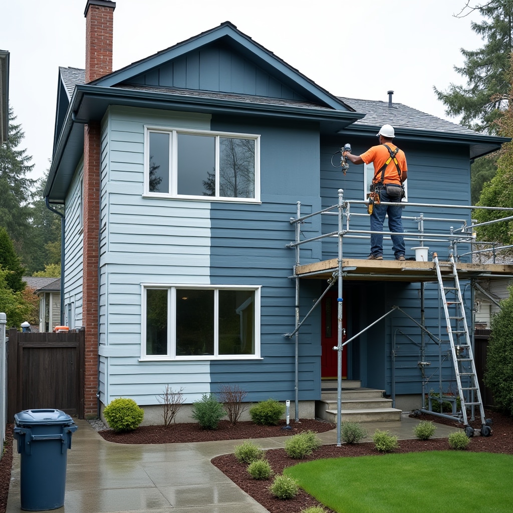 Exterior house painting with ladder and fresh coat
