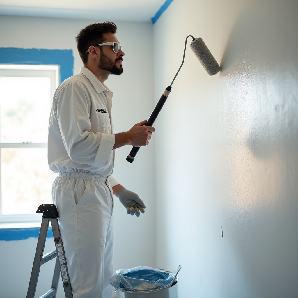 Professional painter carefully applying paint to interior wall