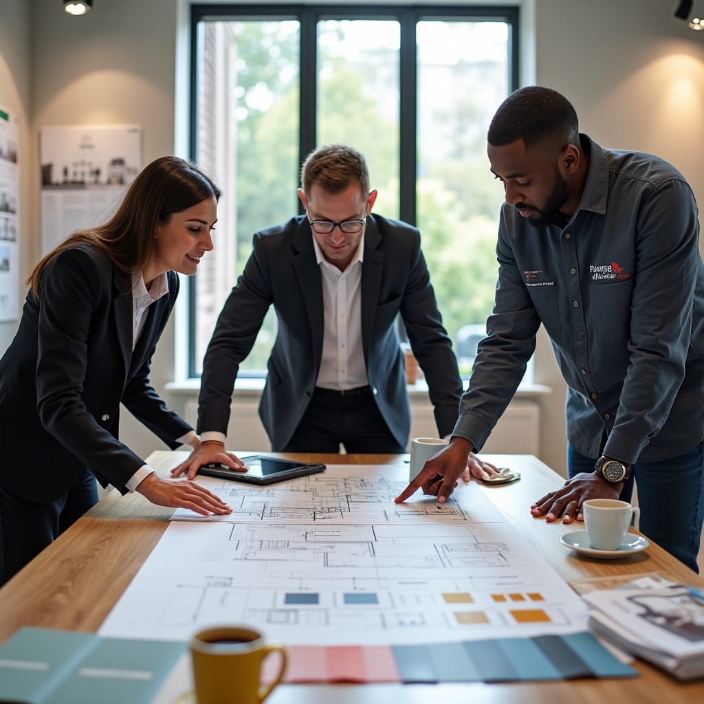 Painting team reviewing project plans and color samples together